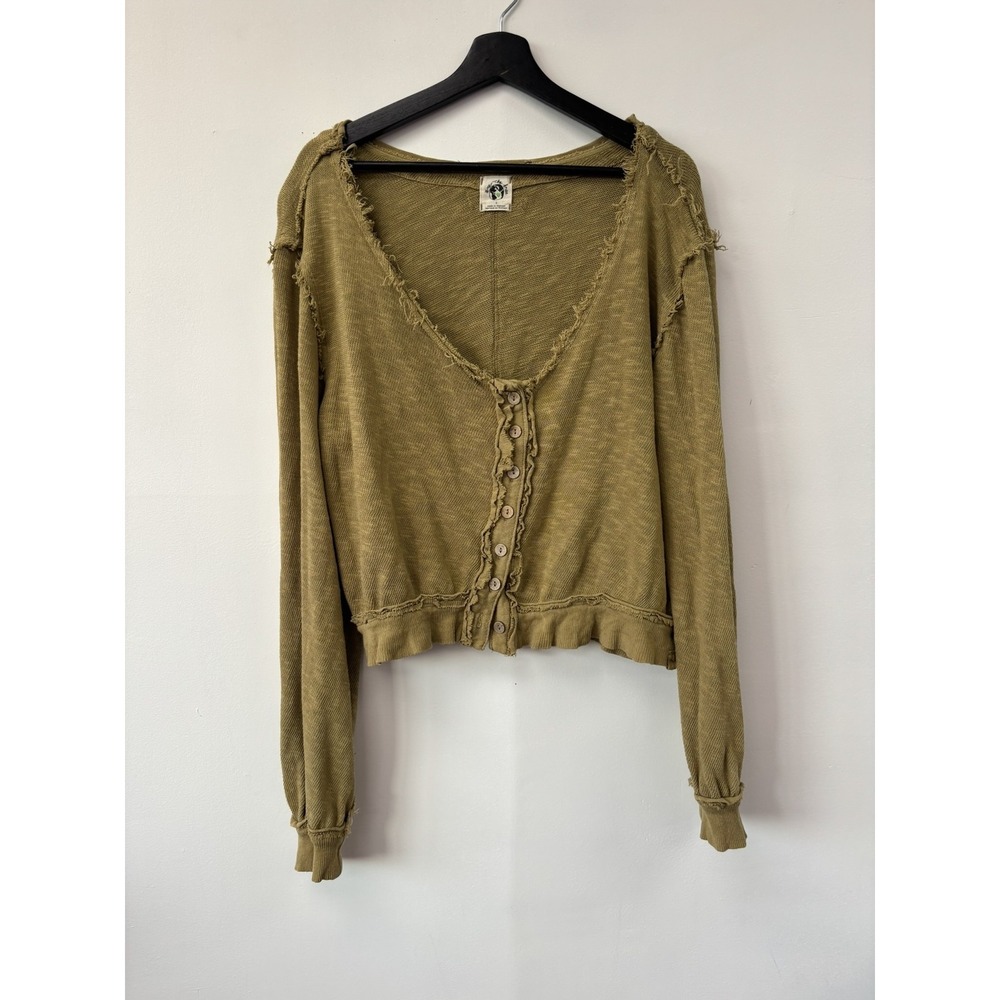 We The‎ Free Golden Small Road Ruffled Button-Front Cardigan Boho Frayed Sweater